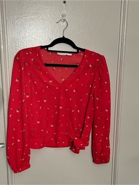 Lush Red Floral V-Neck Tie-Side Blouse